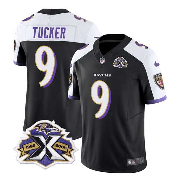 Men & Women & Youth Baltimore Ravens #9 Justin Tucker Black White 2023 F.U.S.E With Patch Throwback Vapor Limited Stitched Jersey